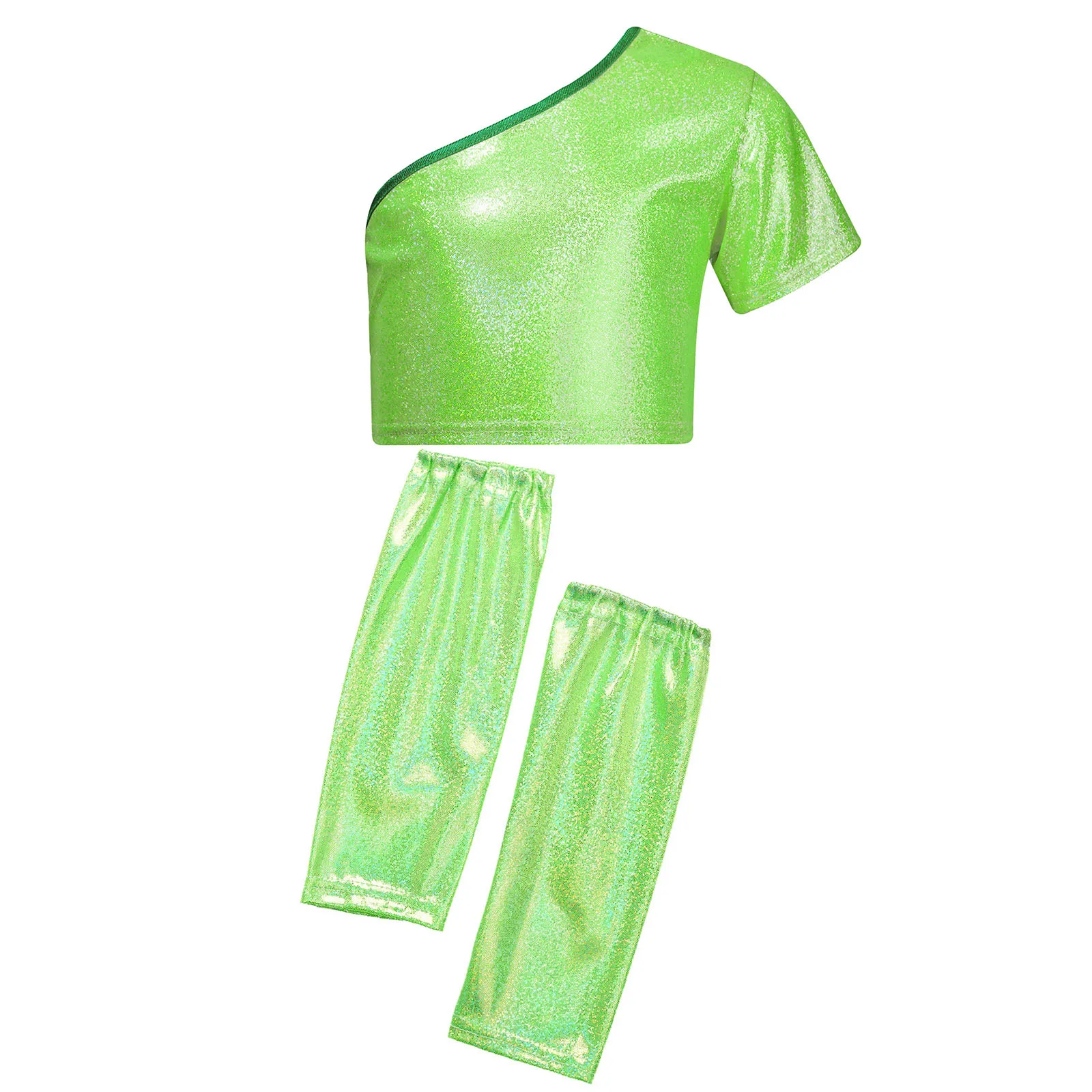 

Girls One Shoulder Jazz Dance Costume Shiny Metallic Tank Crop Top with Shimmery Gloves for Carnival Cheerleading School Clothes