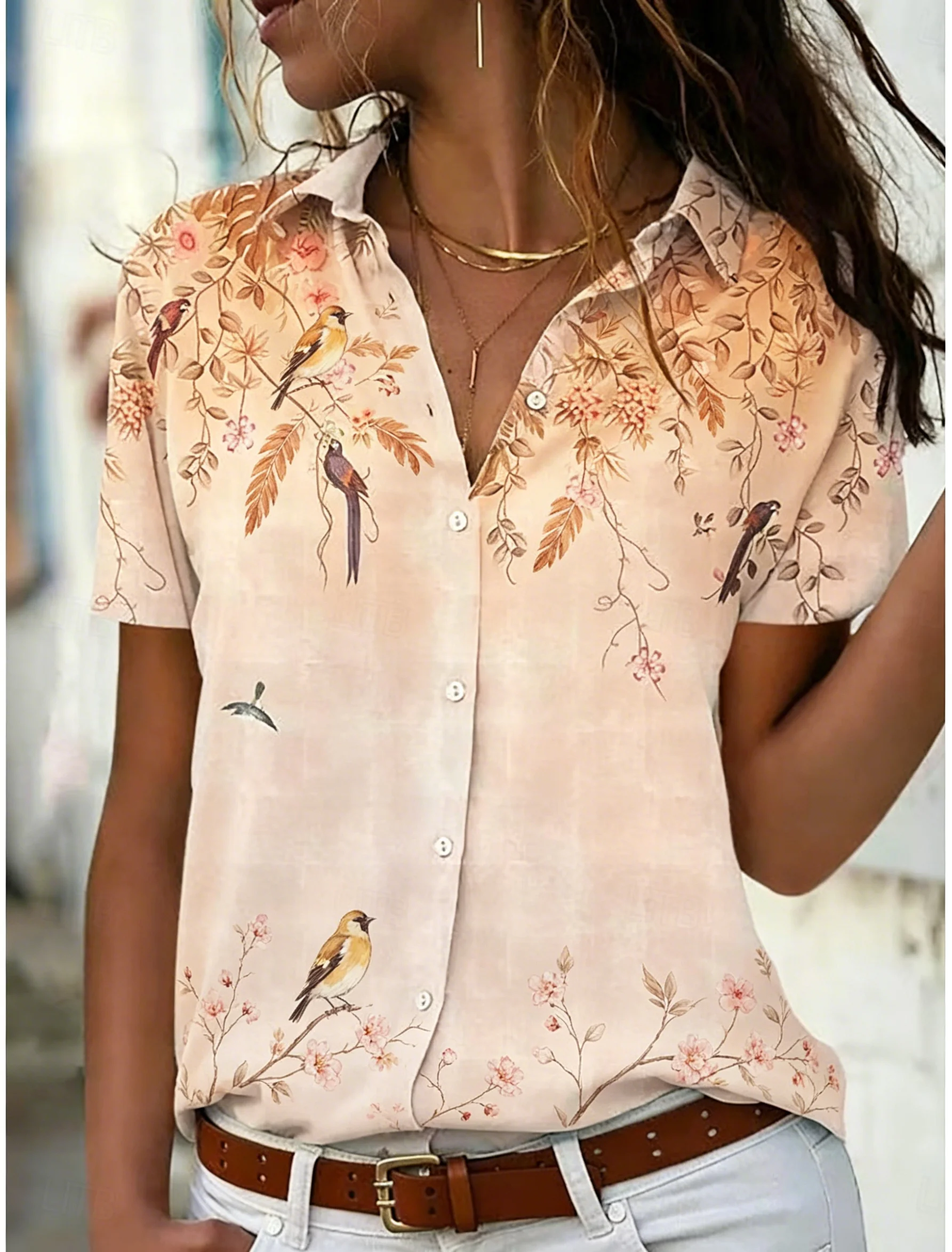 

Women's Short Sleeve Lapel Floral & Bird Print Button-Up Shirt, Casual Tops for Spring Summer Daily & Holiday Wear