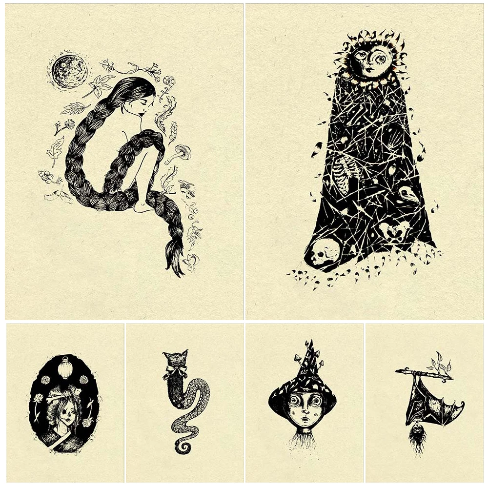 

Spooky Witchy Poster Gift Wall Art Bone Flower And Mushroom Creatures Canvas Painting Forest Nature Ghosts Art Print Home Decor