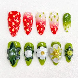 2025 New Handmade Fake Nail Manicure Strawberry Flower Relief Series Press on Nail Fake Nail Female Ornament