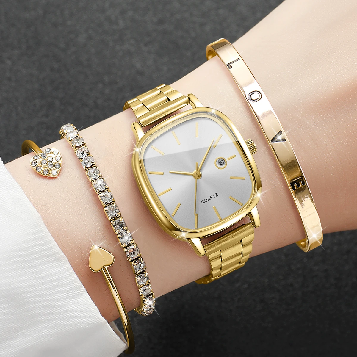 4 unids/set reloj de regalo para mujer conjunto de pulsera cuadrado escala Simple calendario Dial elegante exquisito reloj de cuarzo de moda (sin caja)