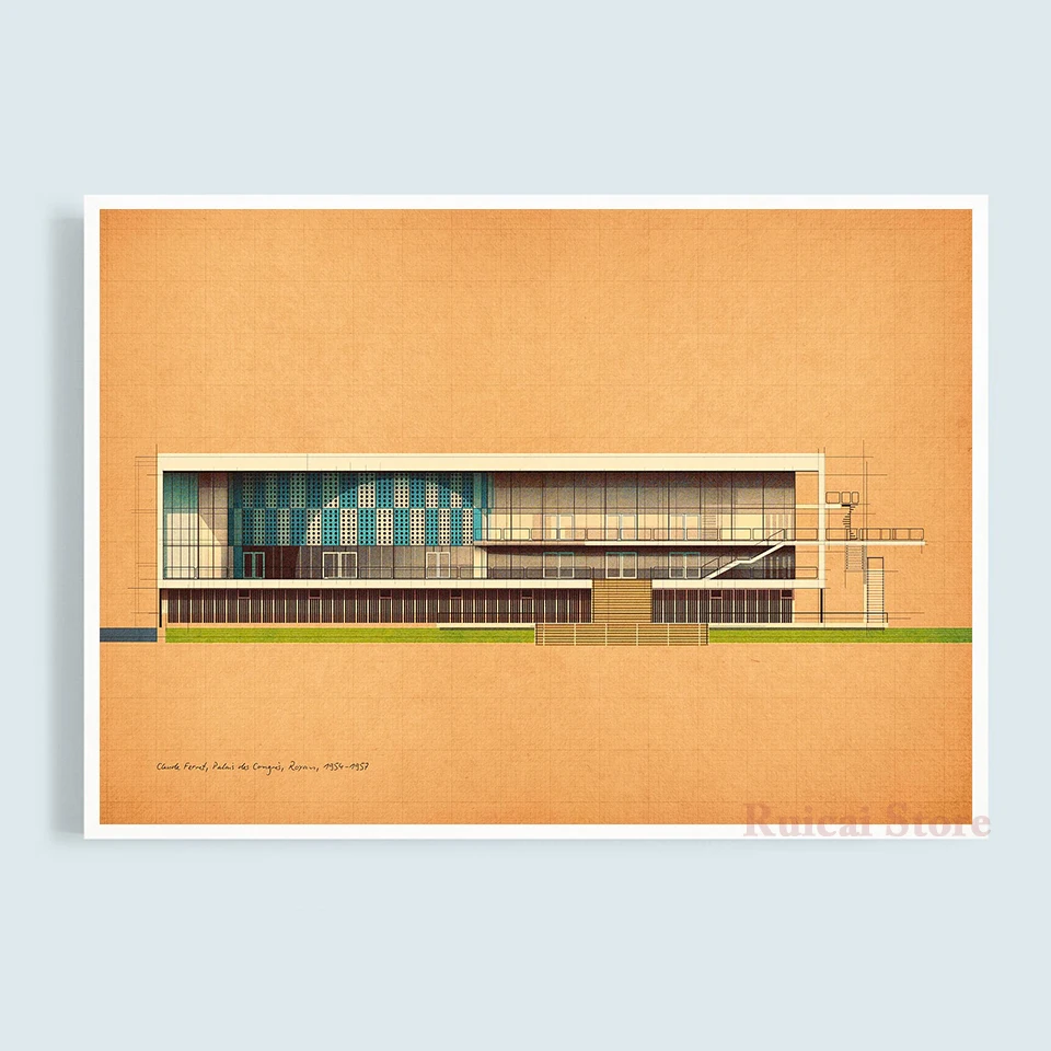 Claude Parent Palais des Congrès Royan 1954-1957 Canvas Poster Print Mid Century Modern Wall Art Vintage Building Drawing