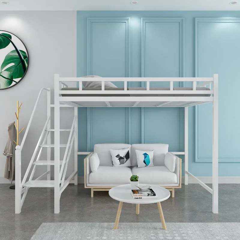 Modern Simple Wrought Iron Elevated Bed Household Bedroom Loft Duplex Bed Dormitory Apartment Space Bunk Iron Frame Bed