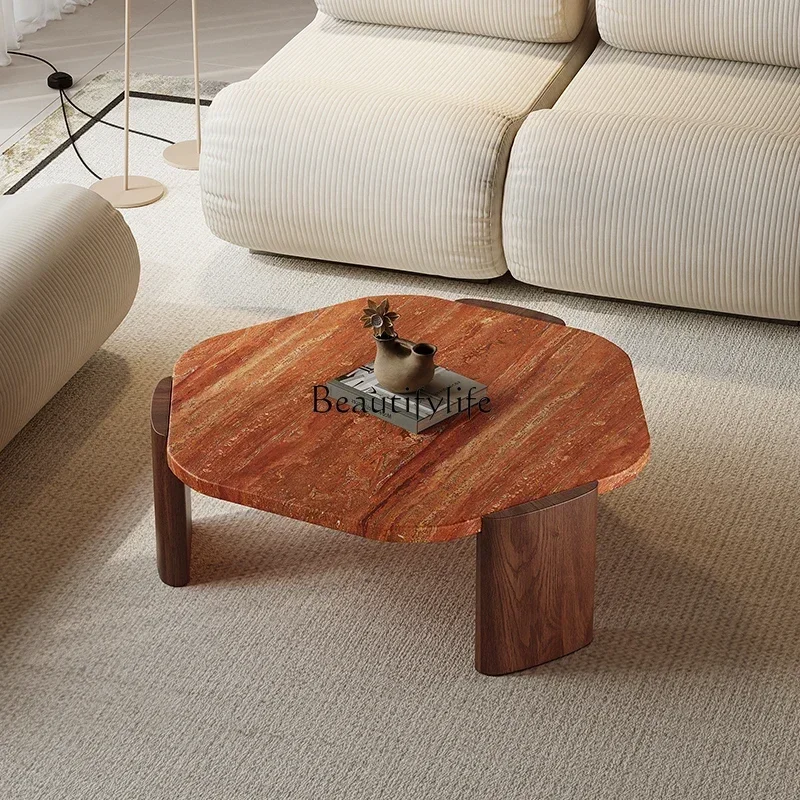 

z.56Wabi Sandy Wind Solid Wood Natural Red Travertine Coffee Table Living Room High-end Marble Table