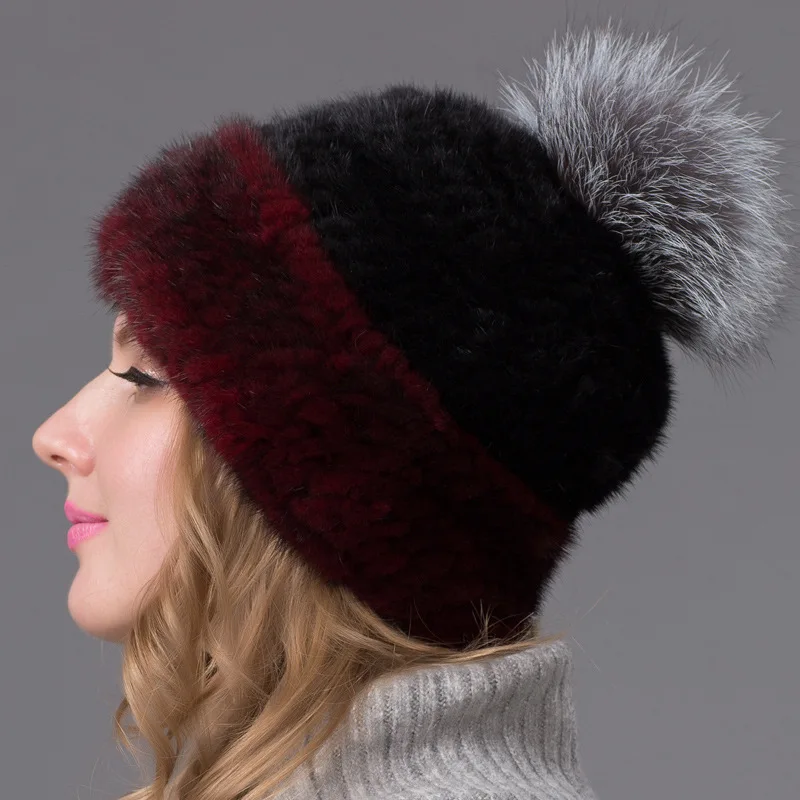 Thickened Mink Fur Ear Protection Hat Mink Fur High-Quality Fur Woven Hat for Women Versatile Fox Fur Knitted Hat