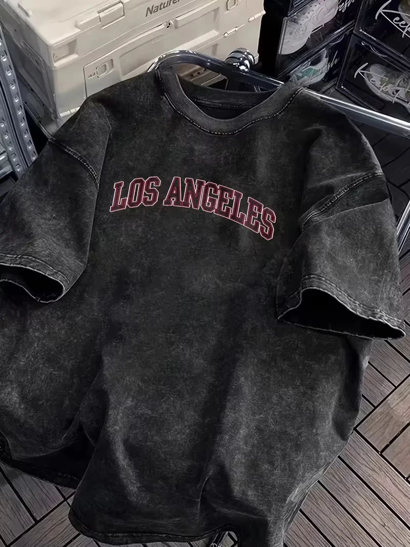 Herren Damen Retro Washed T-Shirt Vintage Los Angeles Varsity Text Grafikdruck Oversized Unisex Street Style Kurzarm-T-Shirt Top – Detail 3