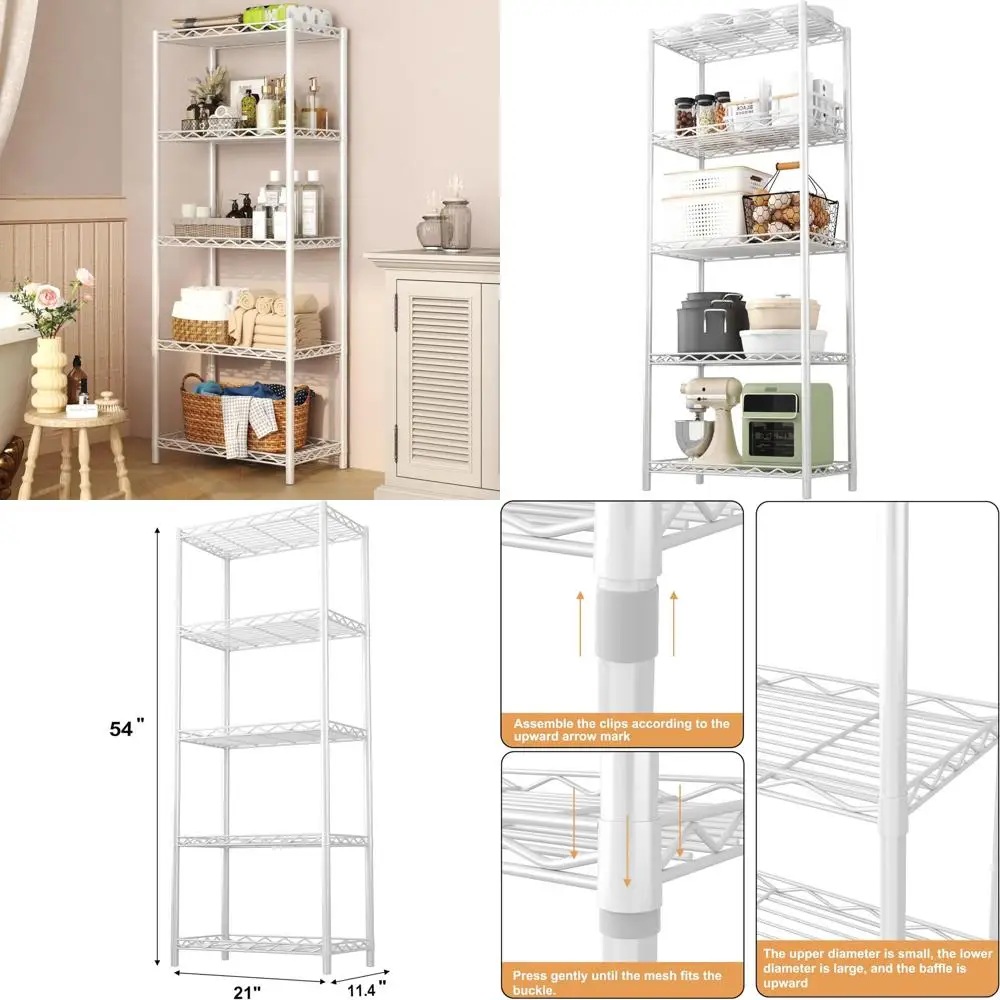 

5-Tier Metal Wire Shelving Unit - Durable Storage Rack for Kitchen, Pantry, Closet, and Laundry Organization in White