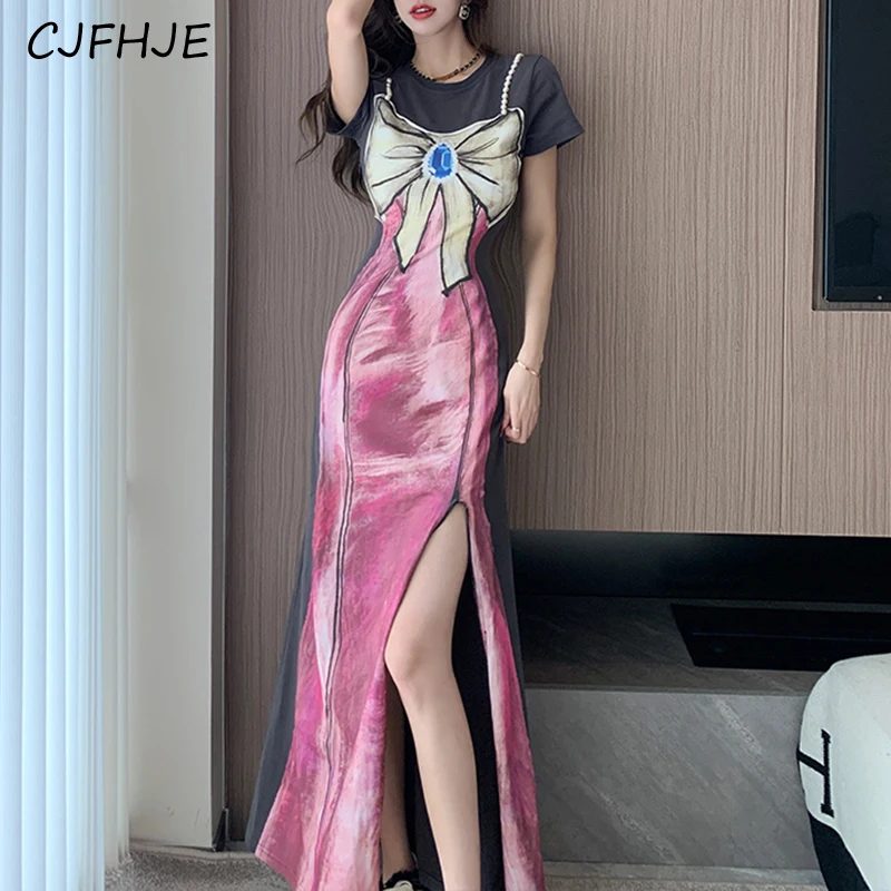 CJFHJE New Women\'s Fashion Sweetheart Bow Style Fake Two Piece Dress Korean Retro Print Women Split Round Neck Long Dresses