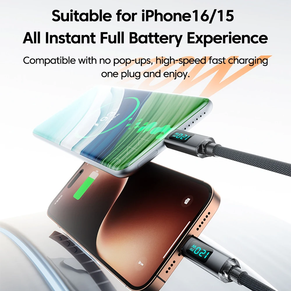 120 واط USB نوع C شحن سريع الربيع كابل LED شاشة ديجيتال قابل للسحب المزدوج USB C كابل بيانات آيفون 15 16 سامسونج Xiaomi
