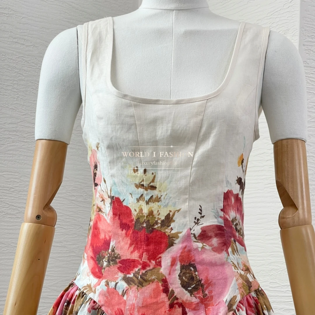 Summer New Sleeveless White A-line Cut Out Floral Print Pleats Women Mini Dress