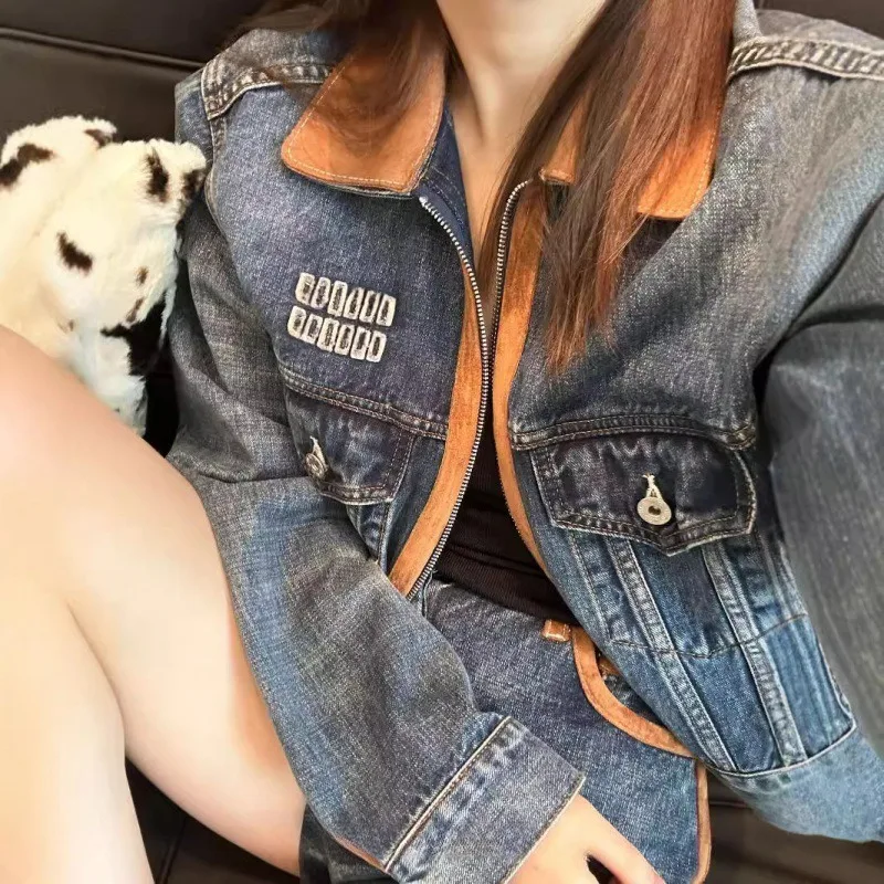 

Fall 2024 New, Design Applique Embroidered Lettering, High-end Fashion Lapel Denim Jacket Jacket, Retro Style Women's Blouse