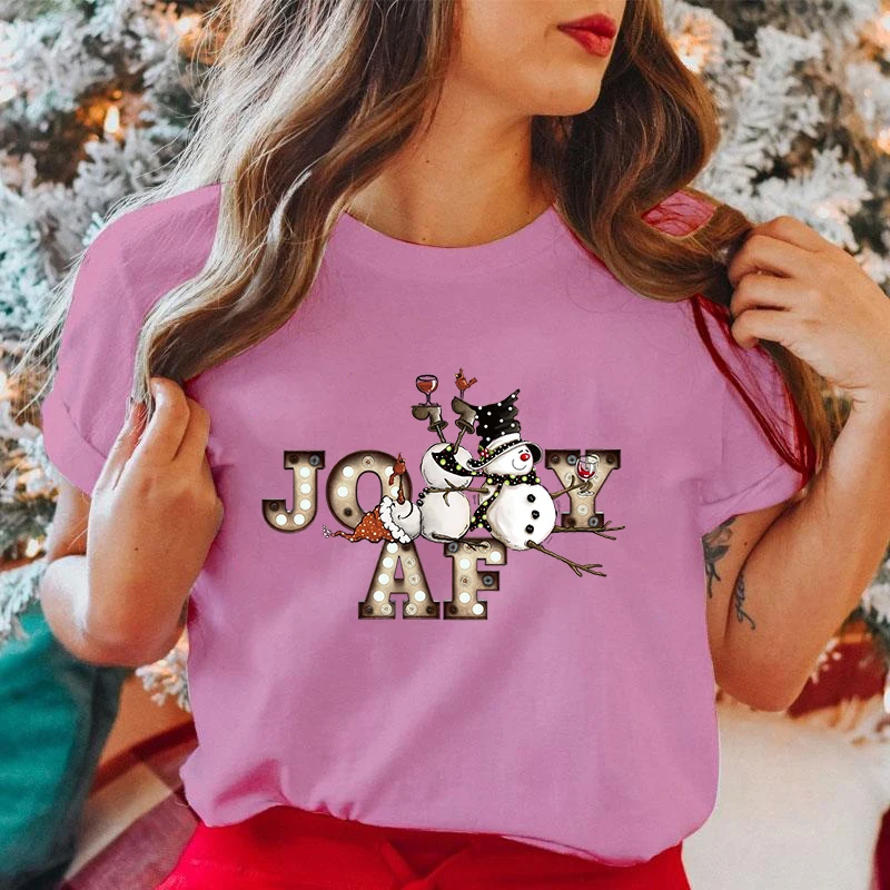 (Premium T-shirt)New Christmas Joy Af Snowman Letter Printed T-Shirts For Female Summer Tee Shirt Casual Short Sleeve Round Neck