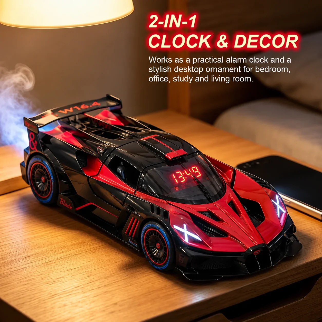 Sports Car Alarm Clock with Engine Sound Water Spray LED Lights Rechargeable Supercar Model Clock for Car Lovers2026New Trending