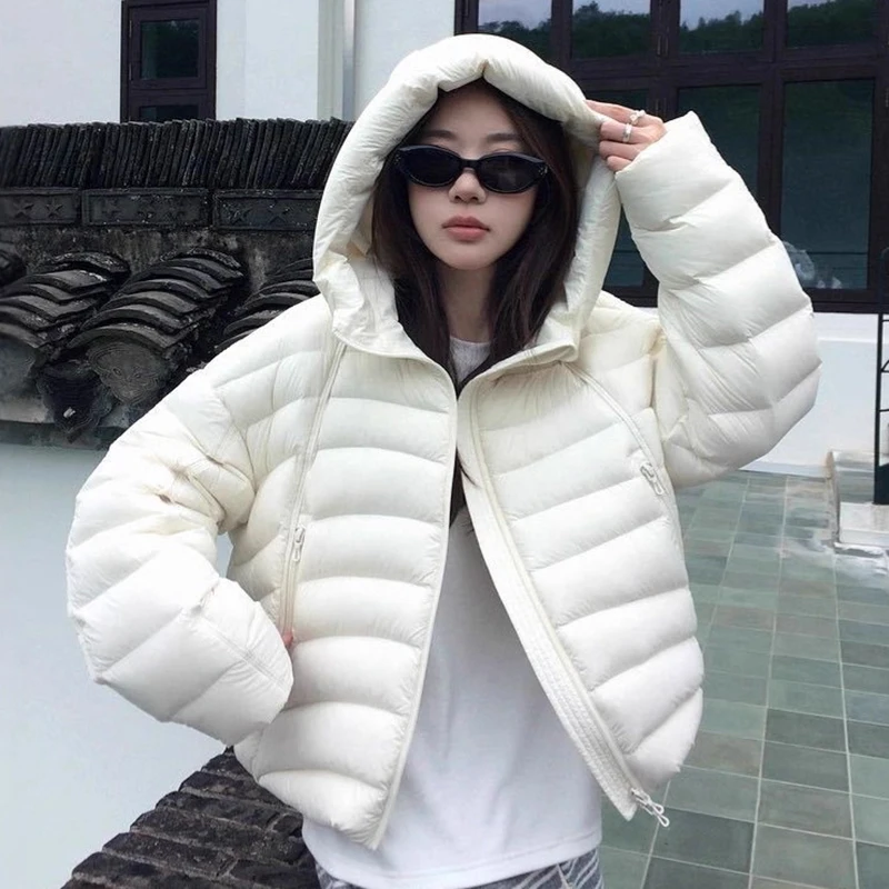 Winter Puff Hooded Short Warm Down Jacket Female Thicken Zipper Parker Jackets Women White Duck Down Waterproof Fluffy Outwears