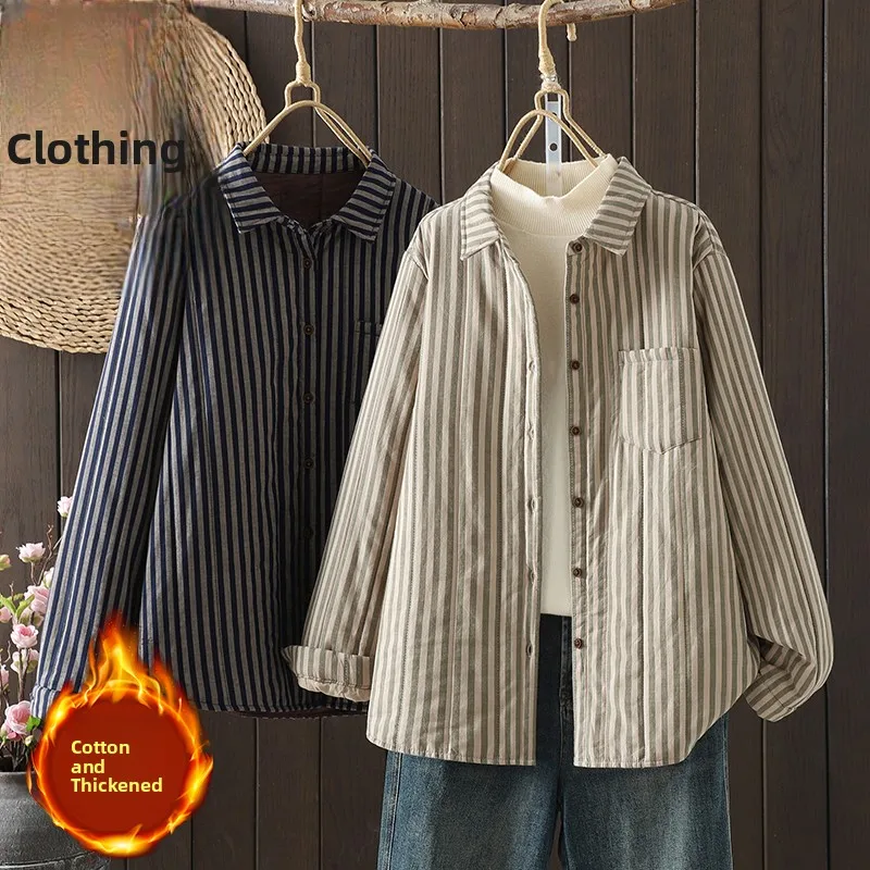 

Свободный крой из чистого хлопка irt Jaet с хлопковой подкладкой Long Sve Striped Korean Art Sle Теплая хлопковая верхняя одежда на осень ...