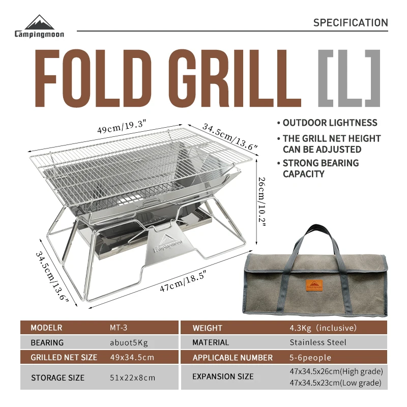 CAMPINGMOON New MT-3 Large Folding Portable Stainless Steel Barbecue Grill BBQ Oven,Camping Picnic Grill Net, Barbecue Grill