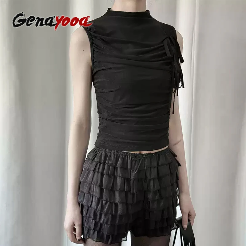 

Genayooa Gothic Vintage Tank Tops Lace Up Mesh Tops Sleeveless Hollow Out Y2k Fairycore Crop Top Streetwear Vest Tops Summer