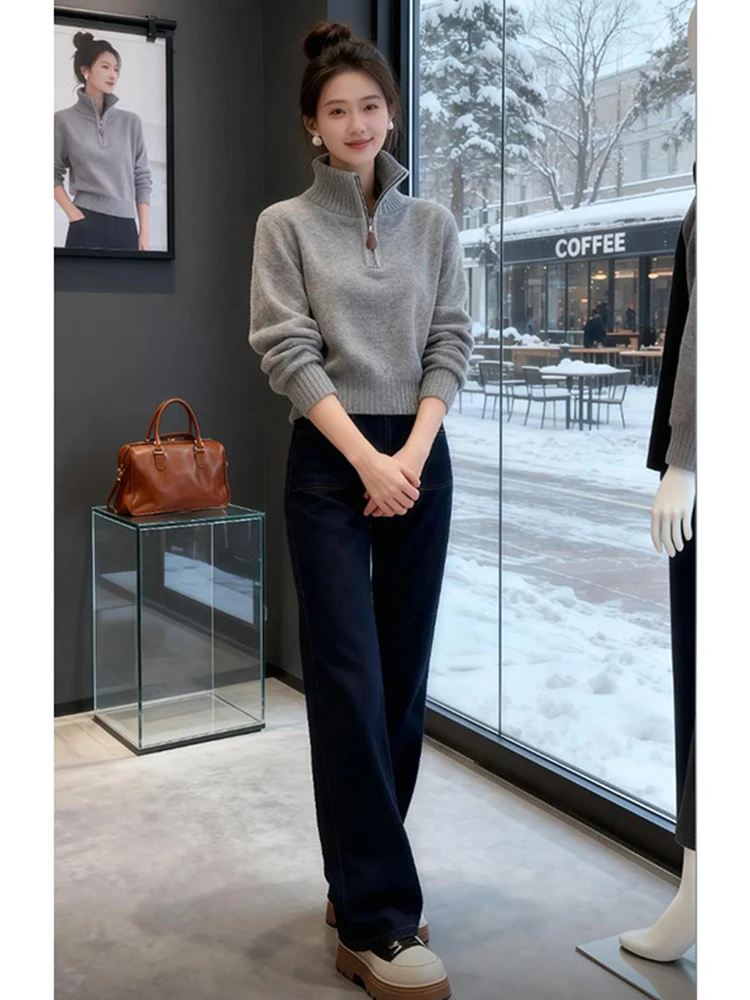 

Stylish High Neck Half Zip Knitwear Women's Autumn Winter New Style Elegant Slimming Commute Sweater Top Cleanfit Casual