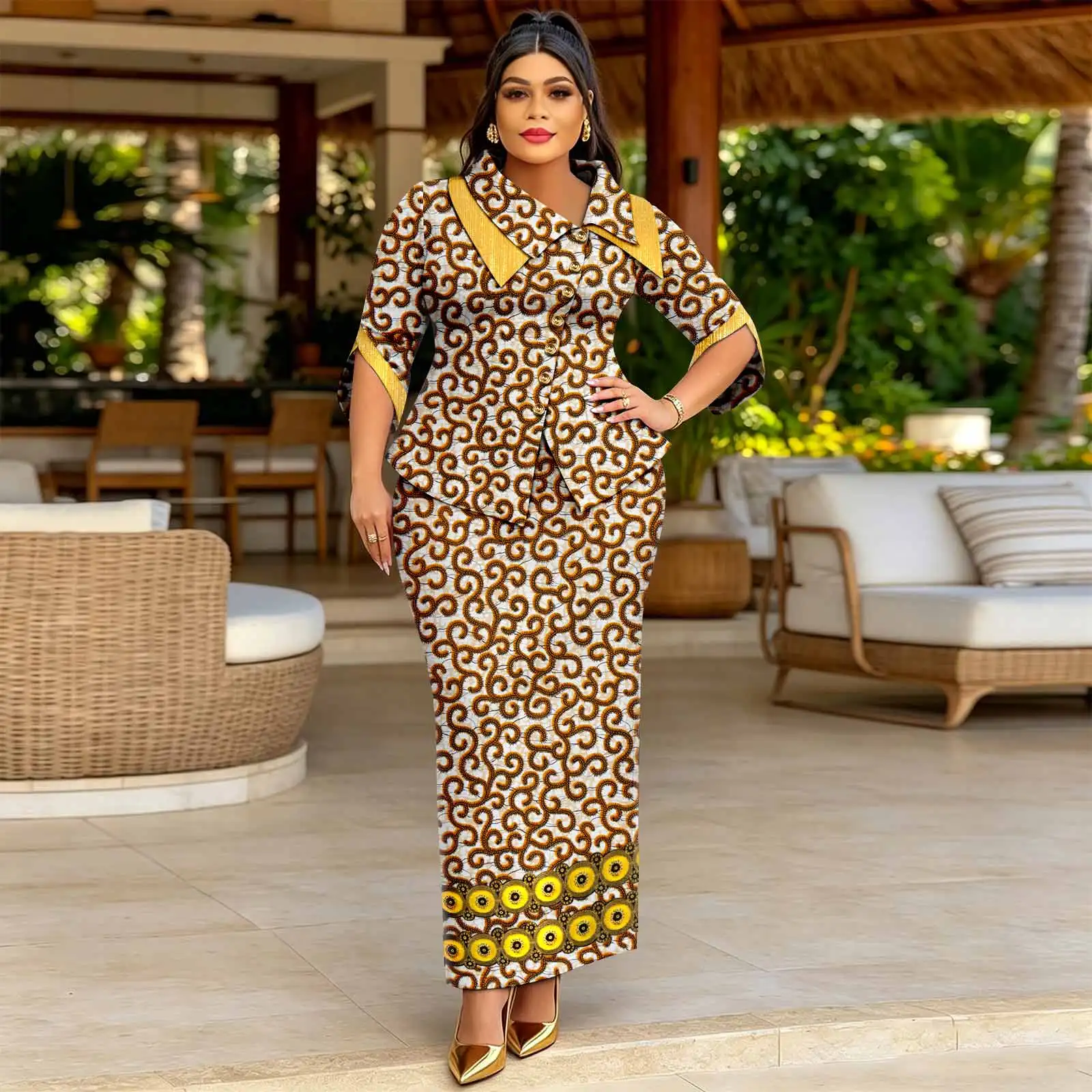 African Suit for Women  Customized Ankara Print Fabric Skew Collar Half sleeve Top and Mid-Calf Skirt Two Piece Dress 2626048