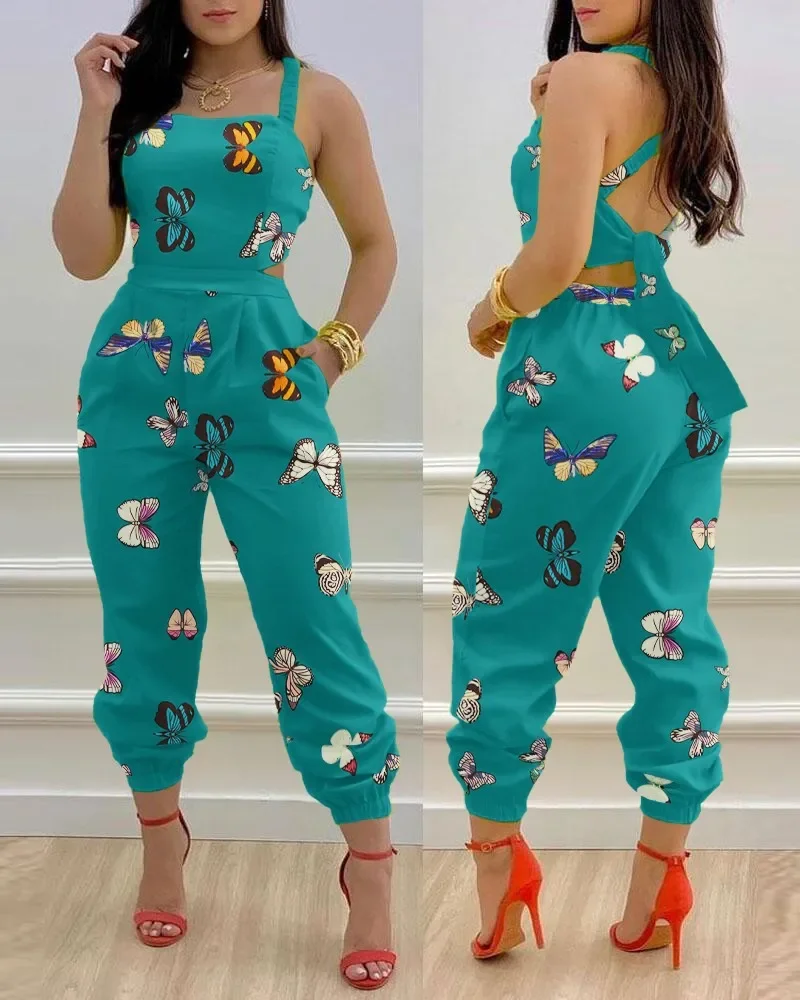 

Casual Print Jumpsuit Women Sexy Lace Up Backless Long Jumpsuits Summer Sleeveless Suspenders High Waist Straight Pants Bodysuit