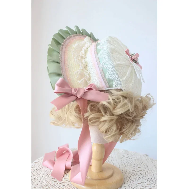 Pink Green Classic Straw Hat Lolita Girl Lace Bowknot Bonnet Flat hat Tea Party Gorgeous Fairy All-match Women Children's Cap