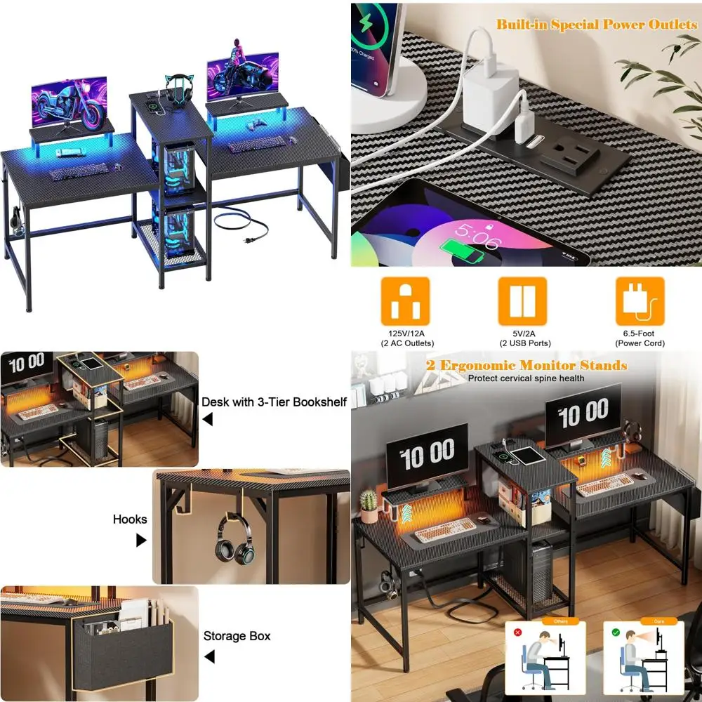 

LED-Illuminated 71 Dual Gaming Desk with Power Outlets, Monitor Stand, and Storage for Two Players