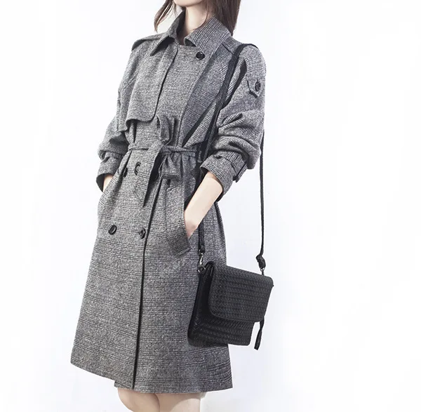 Checkered Trench Coat for Women Autumn New Double Breasted Slim Fitting Suit Medium Length Woolen Coat