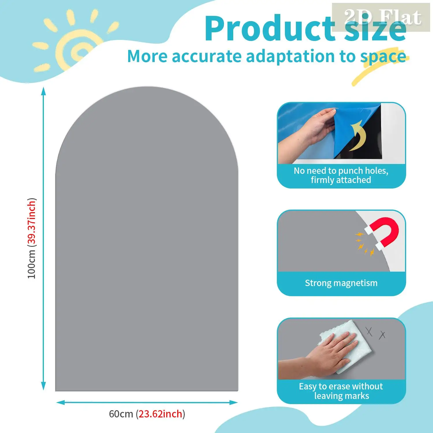 1pcs Light Gray Arched Decorative Magnetic Whiteboard Wall Sticker, Graffiti Friendly, Simple Curved Semi-Circular Pattern