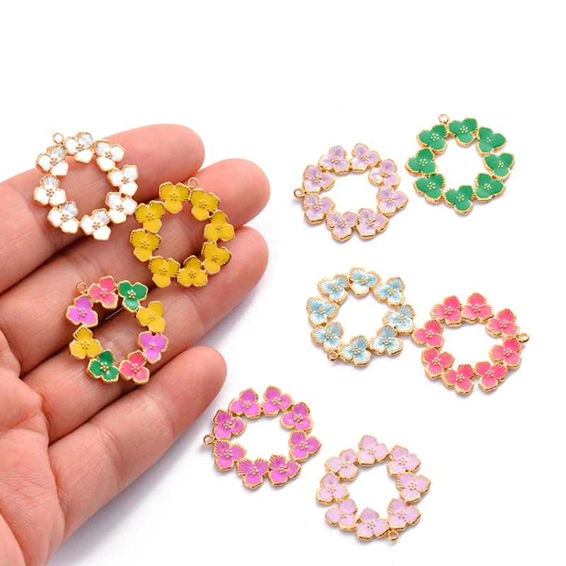 2pcs Sakura Flower Charms Enamel Stainless Steel Round Wreath Flower Pendants for DIY Making Earrings Necklace Bracelet Bulk