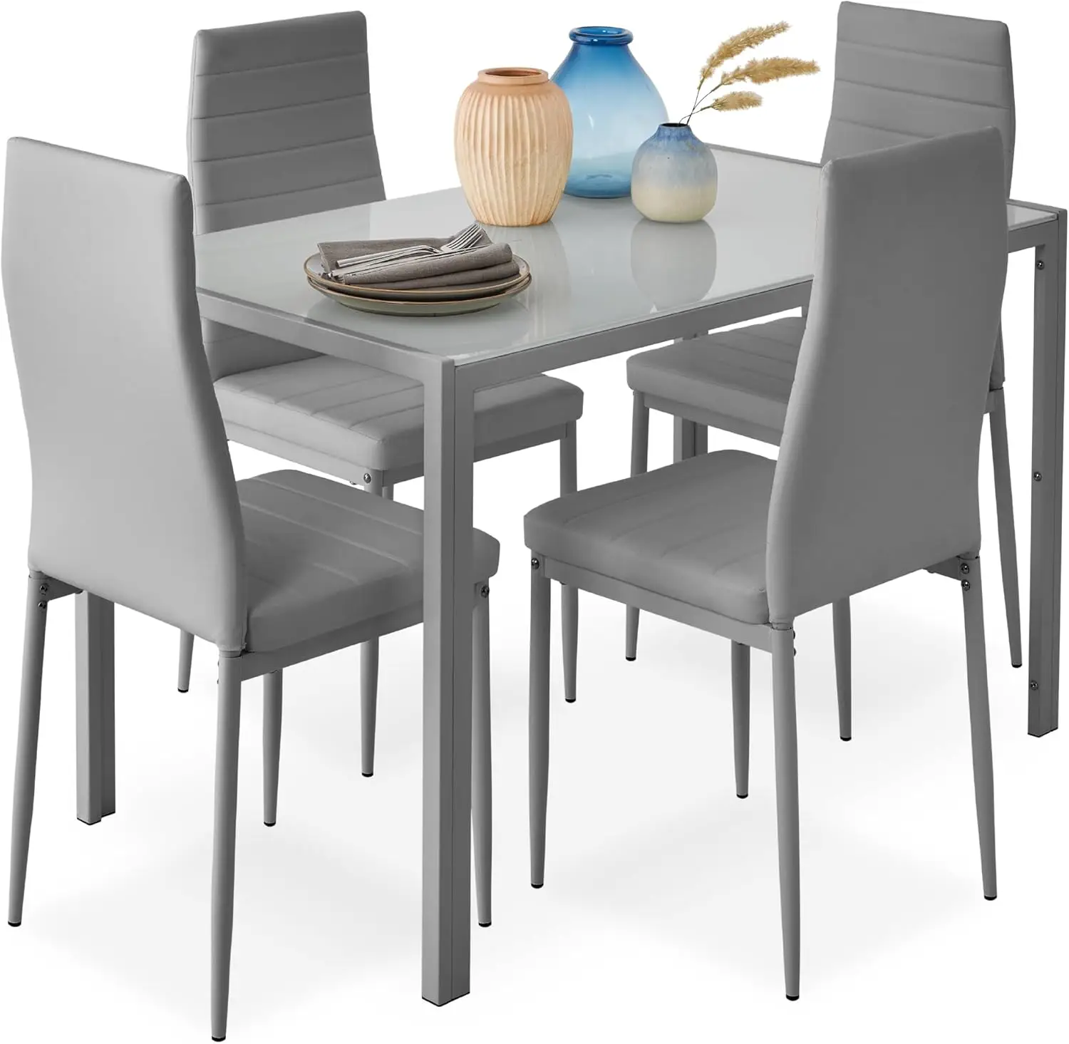 5-piece glass cutlery set, compact and space saving, with glass tabletop, 4 cushioned PU chairs, metal steel frame - gray