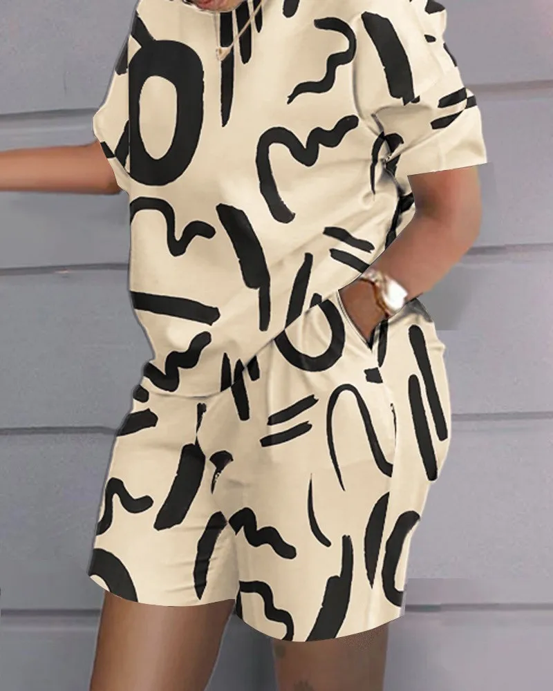 Women's Loose Suits 2024 Spring Summer Latest Fashion Positioning Printed Short Sleeved T-Shirt Shorts Casual 2-Piece Set