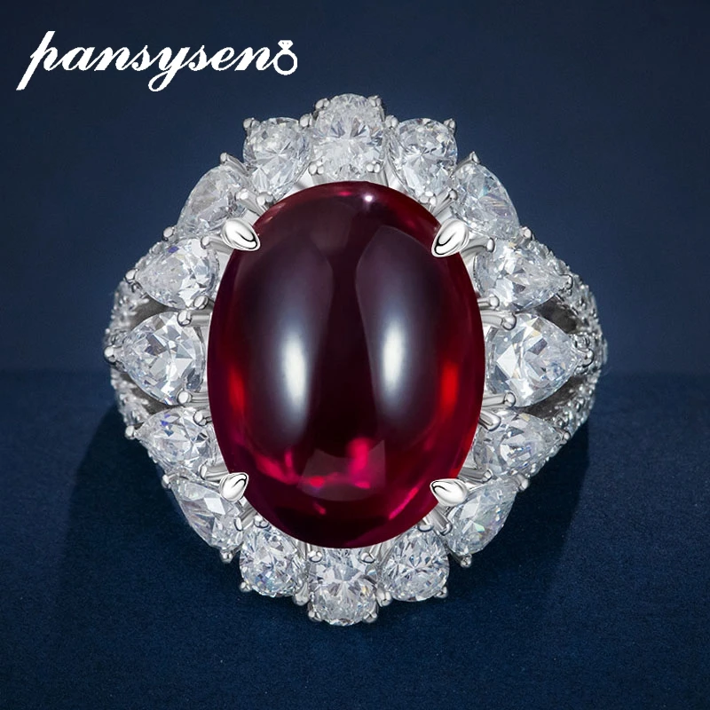 

PANSYSEN Vintage Fine Jewelry 925 Sterling Silver 15CT 12x16MM Oval Cut Ruby High Carbon Diamond Ring Rings for Women Men Gifts