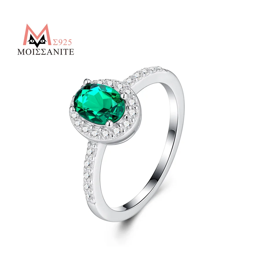 

JIUZUAN Oval 5x7mm Lab Emerald Ring S925 Silver 18K Gold Plated Halo Setting Daily Wear Women Engagement Wedding Ring