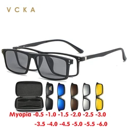VCKA Myopia Magnetic Sunglasses Men 6 In 1 Polarized Clip On Women Square Glases Ultra-Light Night Vision Eyewear -0.5 TO -10