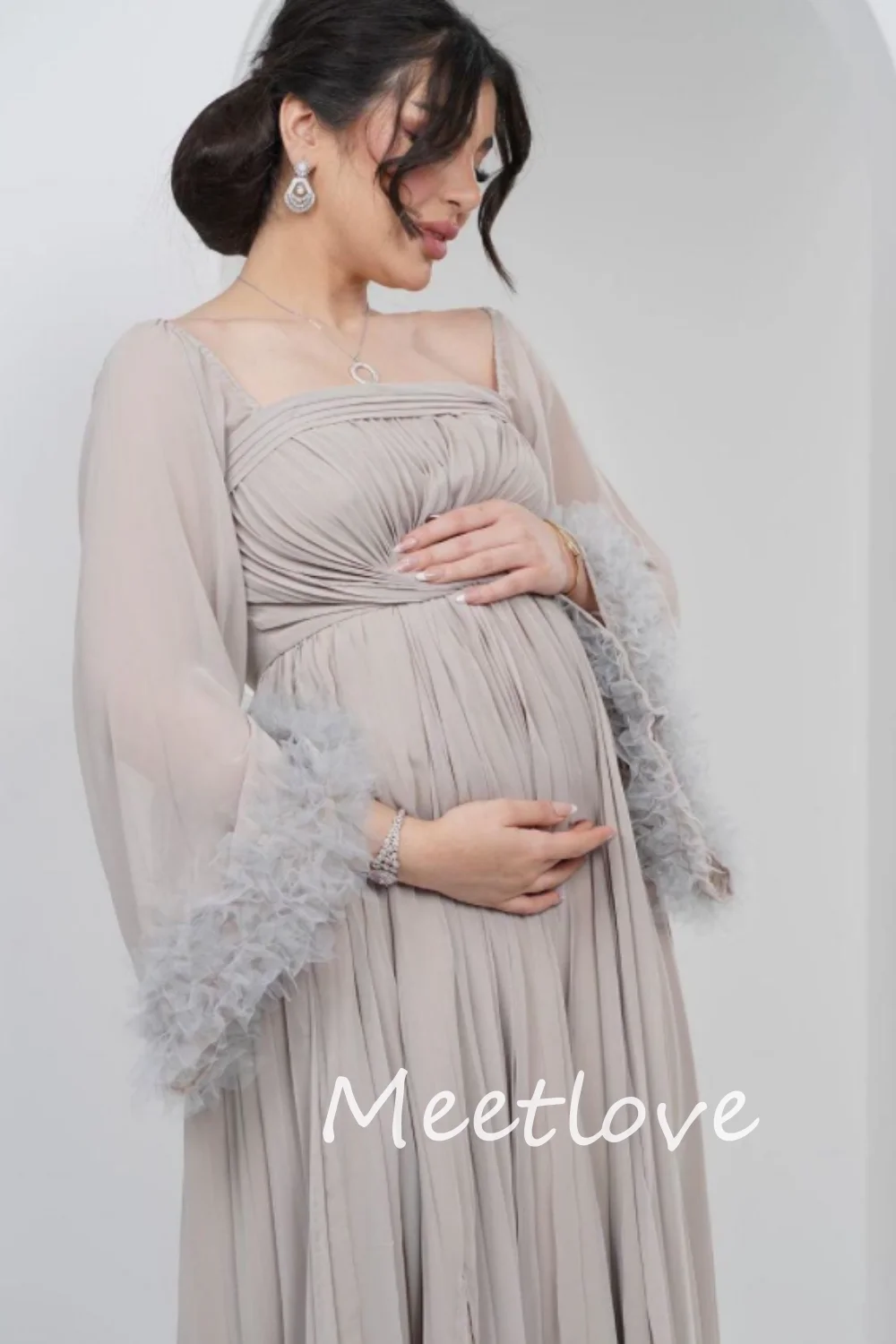 Customized 2024 Customize Saudi Arabia Pregnant Woman A-Line Strapless Long Sleeves Chiffon Prom Dresses Special Occasion Gown