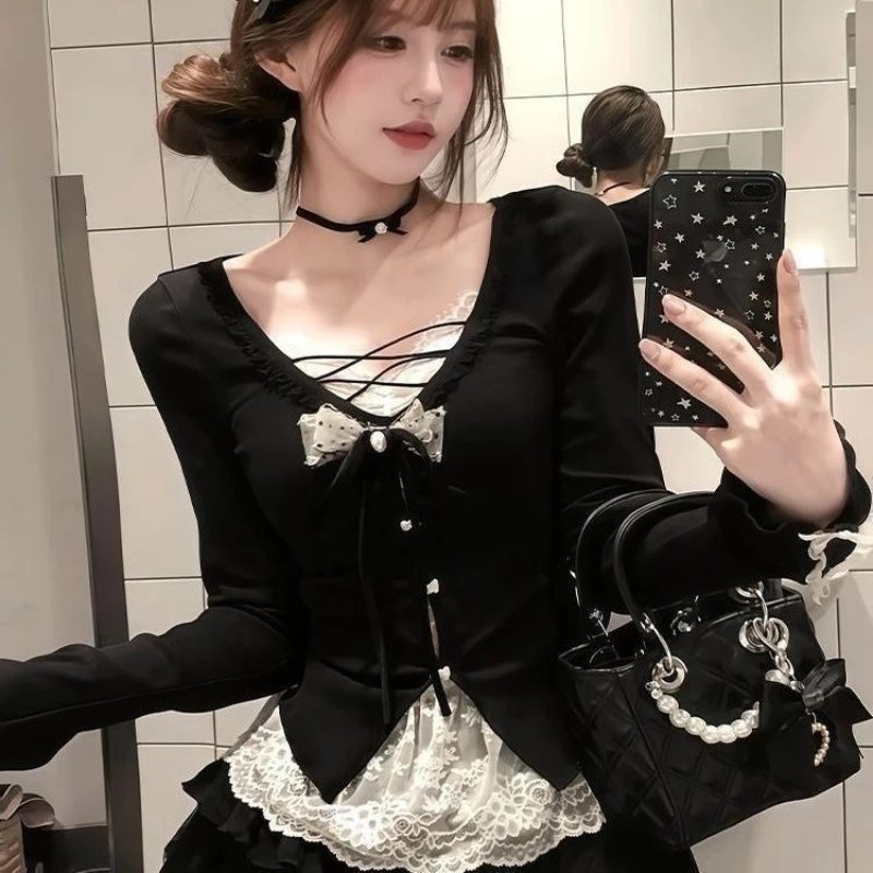 

Deeptown Korean Style Lace Sexy T-Shirts Women Sweet Coquette Fashion Black Tops Shoujo Girl Aesthetic Elegant Bow T-Shirts