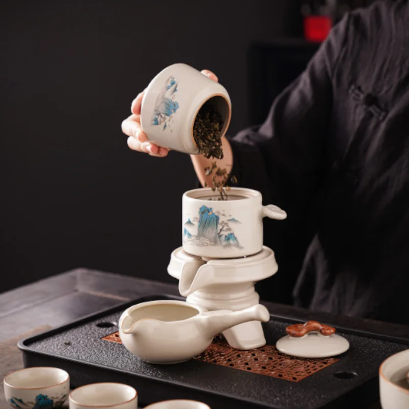 New Automatic for Home Use Ru Kiln Lazy Brewing Artifact High-end Stone Mill Teapot Teacup Complete Tea Set
