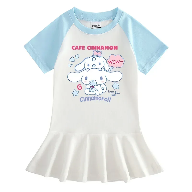 Sanrio hello kitty 2024 Summer New children Cinnamon Cartoon Short Sleeve Girl Dress T-Shirt Fashion Pleated Skirt