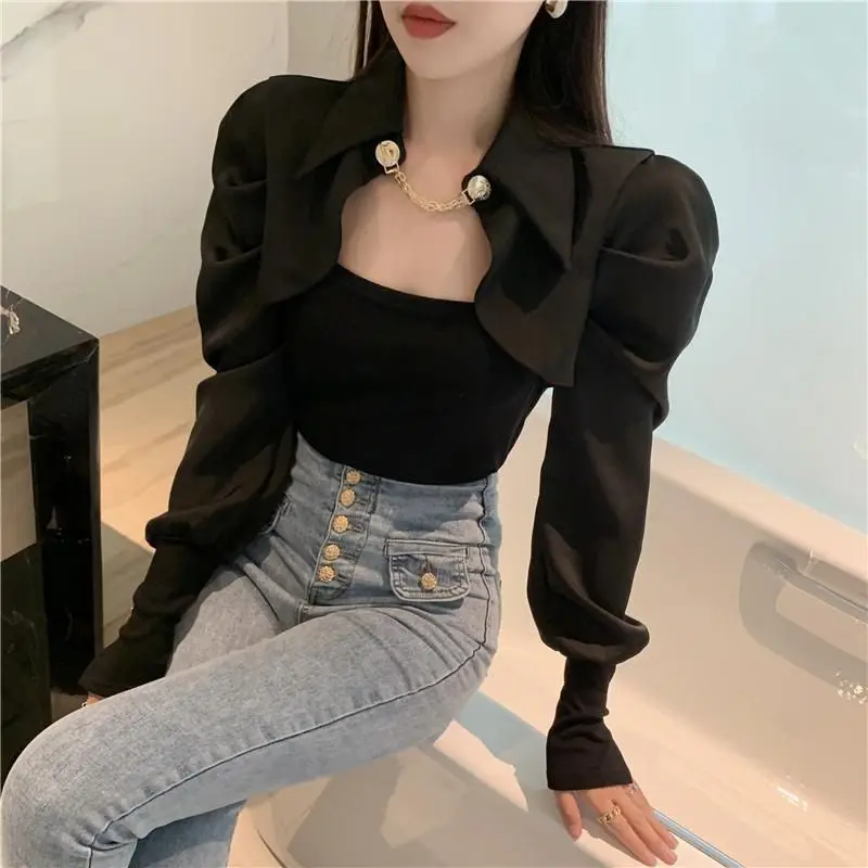 Shirts Women Patchwork Design Slim Casual Tops Long Puff Sleeve Temper Stylish All-match Blouse Mujer Seductive Personality New