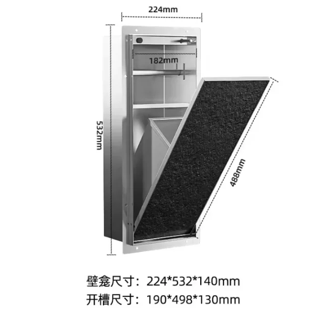 304 الفولاذ المقاوم للصدأ سلة المهملات المخفية الأنسجة مربع جدار خزانة معدنية مدمجة