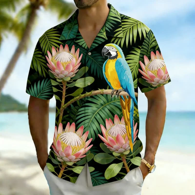 Men's Premium Tropical Bird Print Button Up Shirt Versatile Summer Look for Hawaii Vacation Pool Party Outdoor Adventure