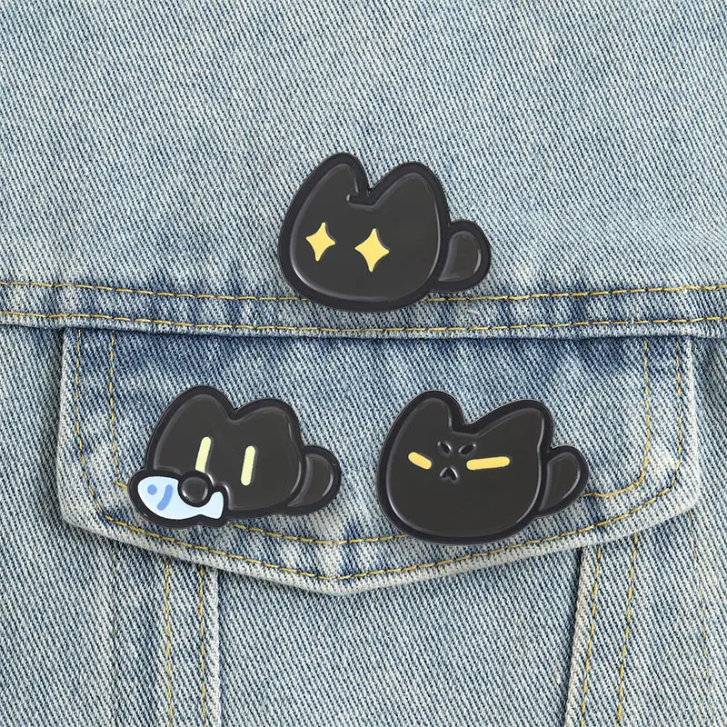 Minimalist Black Cat Enamel Pins Cute Kitten Fish Star Angry Face Brooches Funny Kawaii Lapel Badges Chubby Animals Jewelry Gift