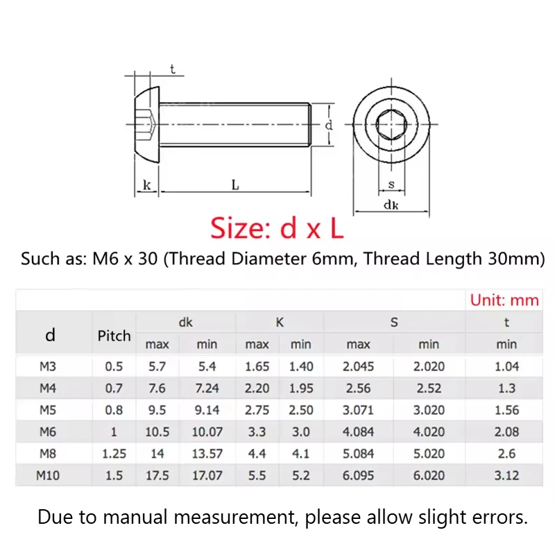 304 Stainless Steel passivation Round Pan Head Hex Socket Screws Mushroom Head Hexagon Socket Button Head Bolt GB70.2/DIN7380