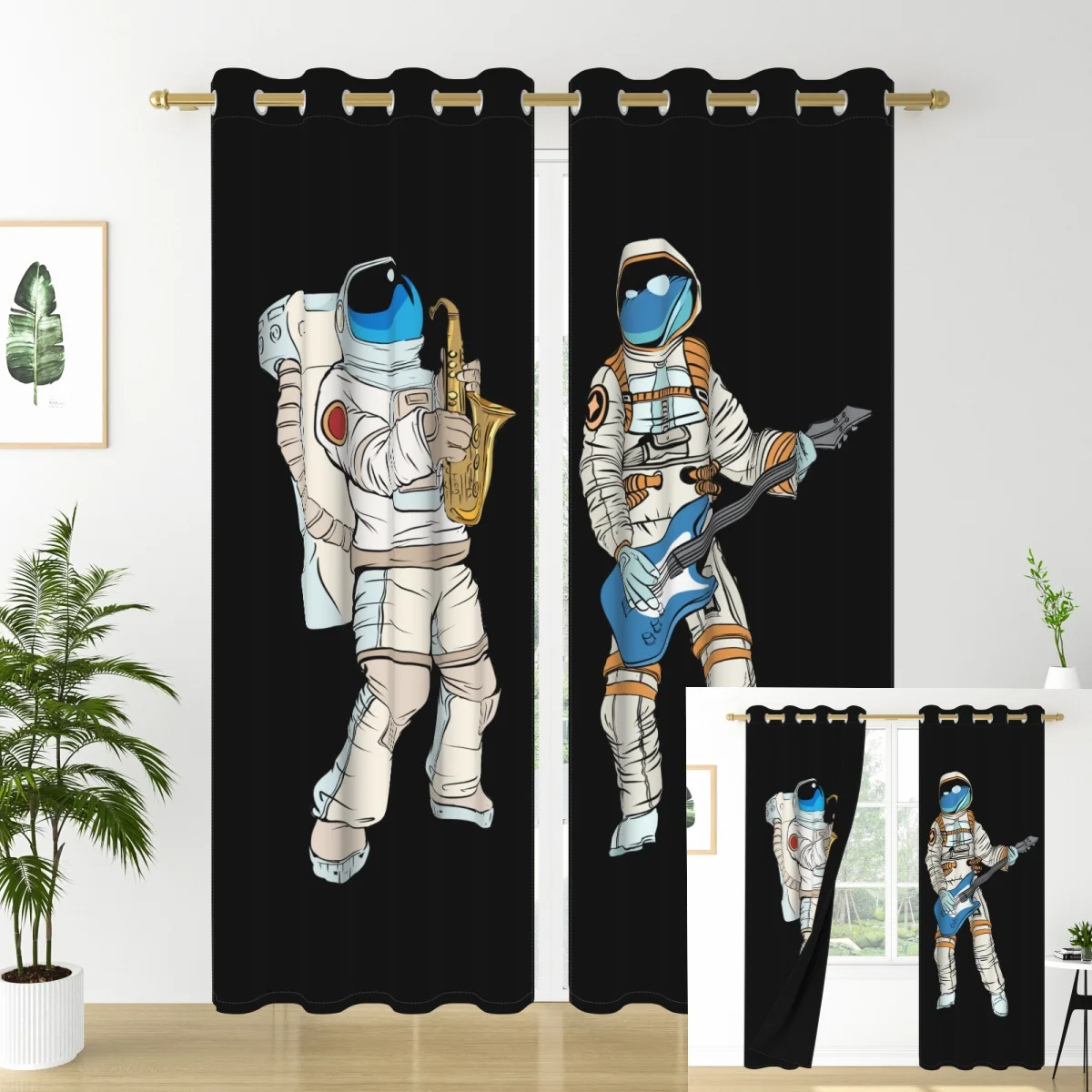 Astronaut Music Theme Curtains Saxophone Guitar Player in Space Sci-Fi Artistic Curtains for living room 2 pieces Creative Decor