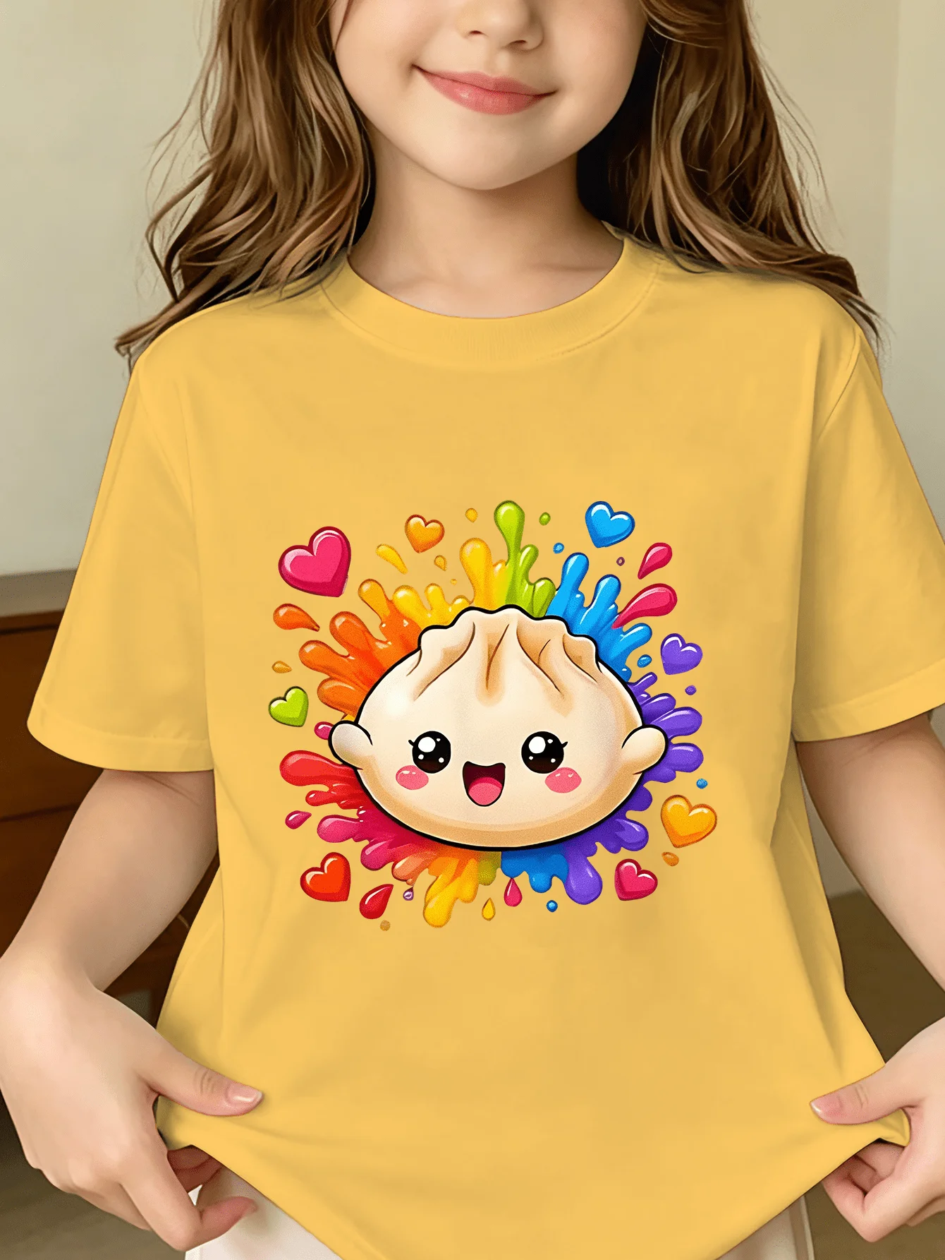 Dumpling Kids Tee Rainbow Splash Cartoon Print Boys Girls Family Matching Cotton Summer Short Sleeve Basic Children Tshirt