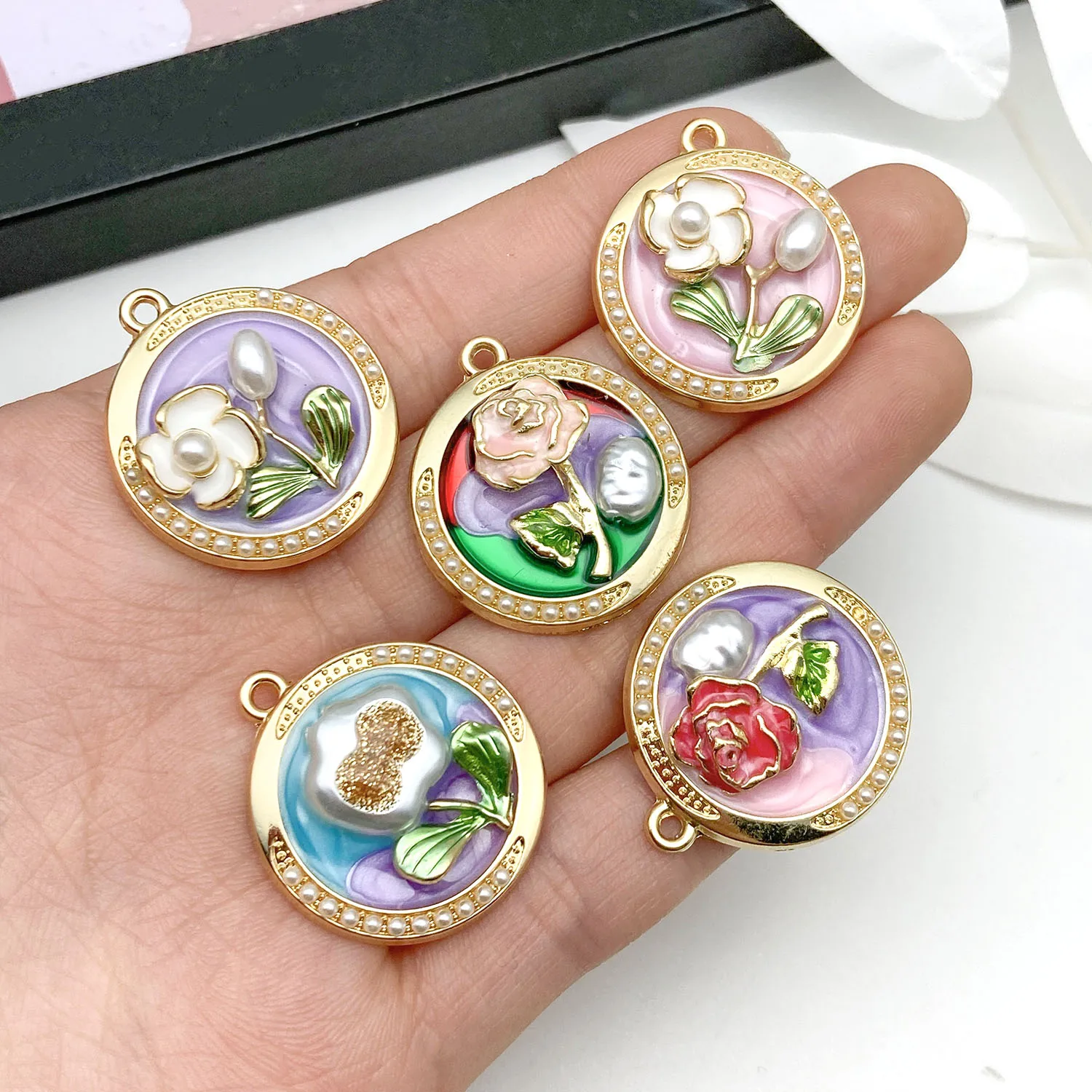 【Botanical Artisan Set】2/5pcs Enamel Flower Pendants - Vintage Oil Painting Style Charms for DIY Jewelry Projects
