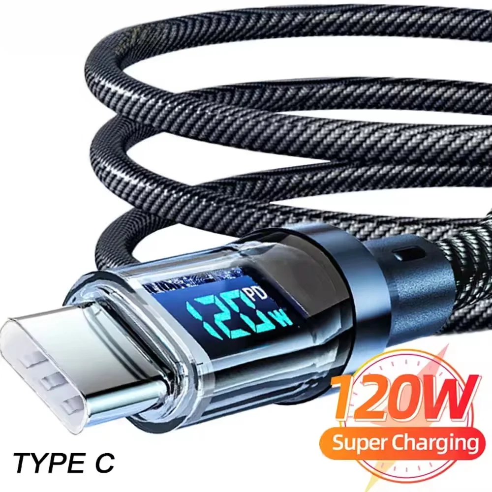 Cable de carga súper rápida para teléfono, Cable de datos USB a tipo C de 120W con pantalla LED, Cable de datos para Xiaomi, Samsung y Huawei
