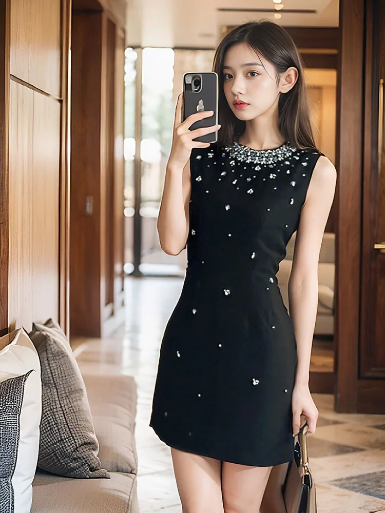 Newest 2024 Fashion Stylish Designer Women\'s Luxury Rhinestone Diamonds Beaded Sleeveless Dress