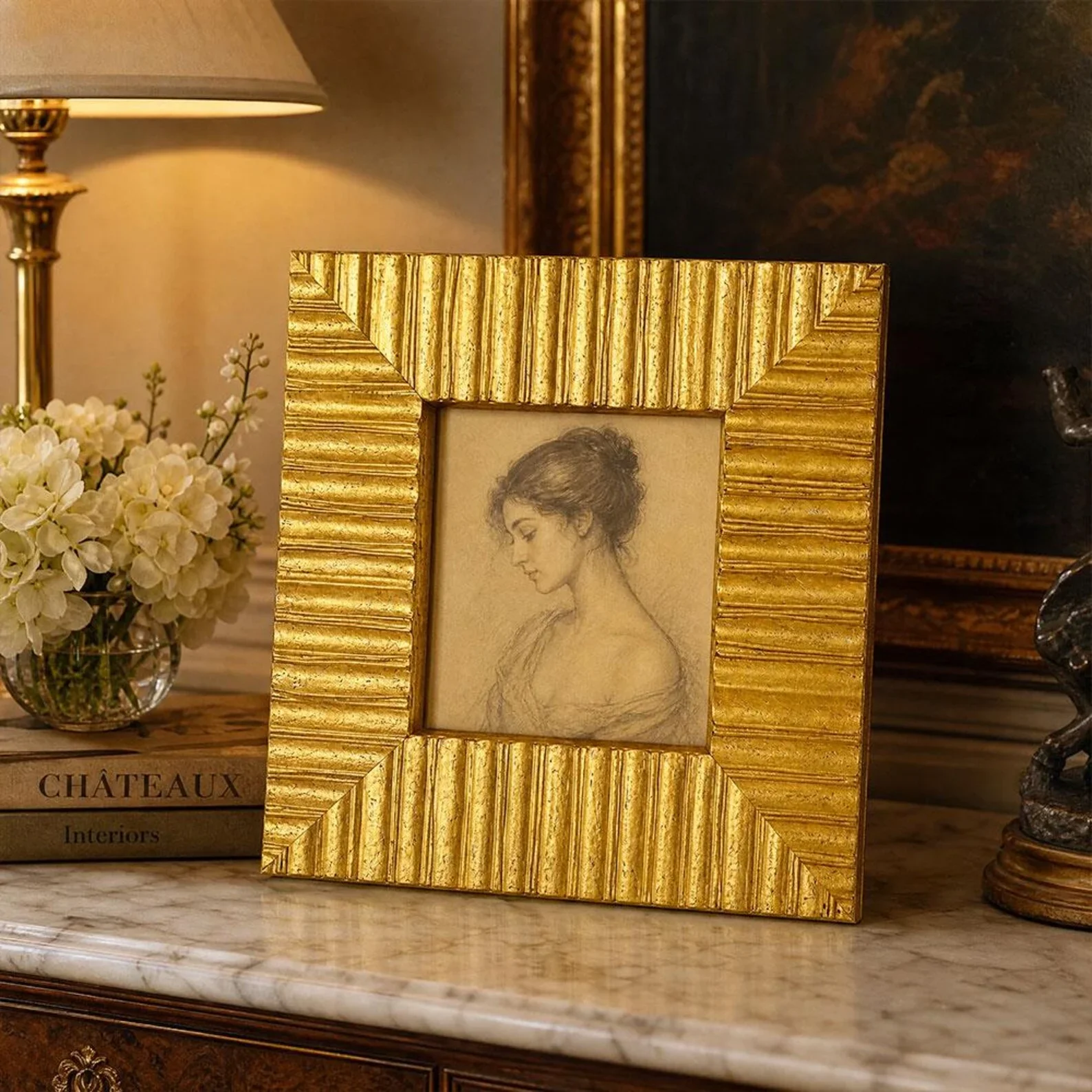 Ancient Egyptian Antique Gold Picture Frame Baroque Fluted Wave Wood Painting Frame Custom Size Ornate Vintage Gallery Wall Deco