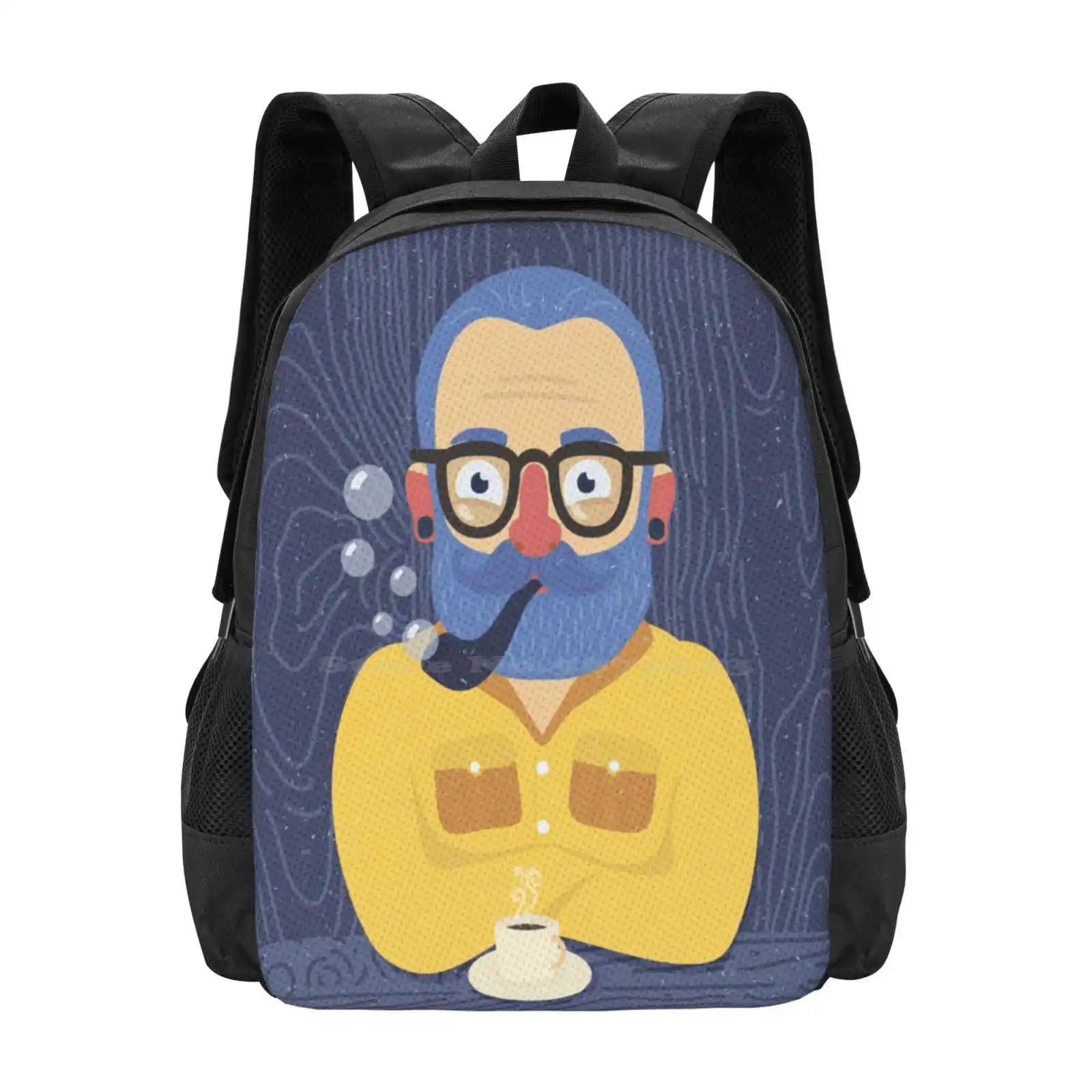 Blue Beard Pattern Design Bag Student'S Backpack Mustache Vintage Pipe Retro Coffee Night Evening Wood Piercing Portrait